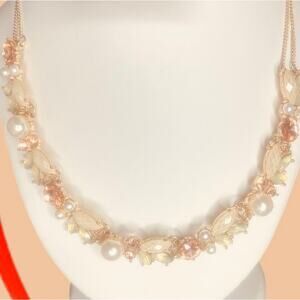 Statement Necklace Faux Pearls, Peach and White Crystals 16” w/ 4” ext